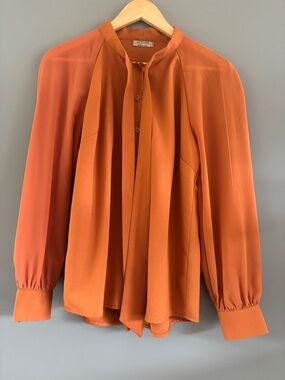 ACEVOG Rust Orange Chiffon Tie Neck Blouse Long Sleeve Business Office Top Small